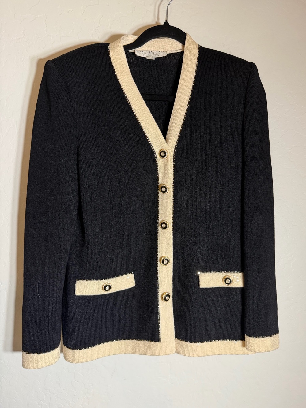 St. John Evening Black & Cream Rhinestone Trim Knit Cardigan Jacket Size 4